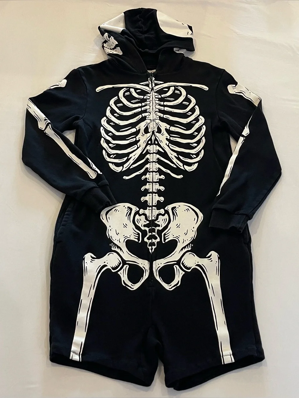 H&M Kids 10-12 Skeleton Romper Hoodie Black Full Zip Halloween Goth Costume